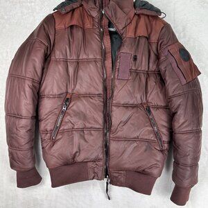 G Star Raw Women’s Puffer Coat Reddish Brown Winter Jacket Warm Hooded Zip Up
